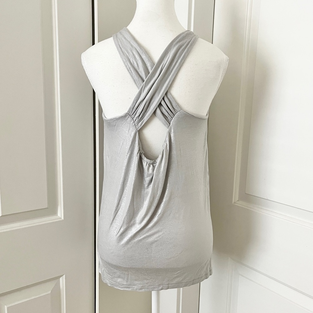 French Connection Mod Silver Halter Glam Boho Blouse w/ Beaded Detail – Medium - Picture 6 of 11